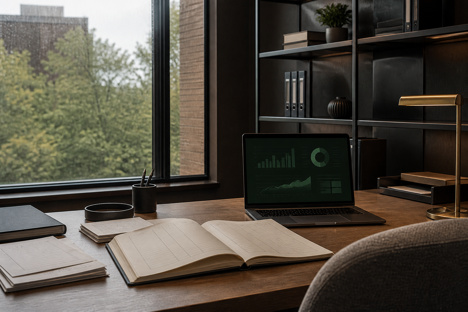 Property management desk with an owner statement and laptop
