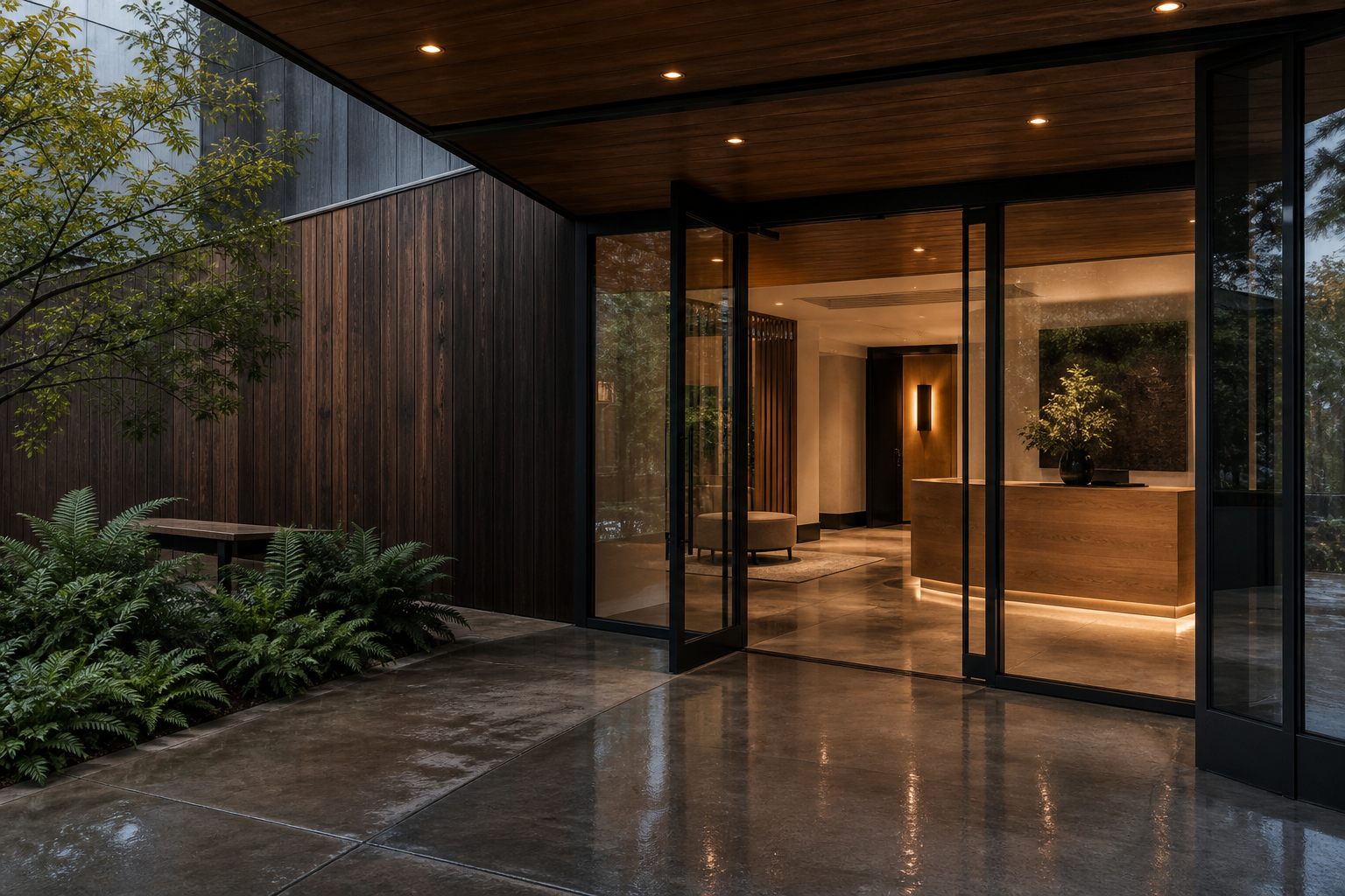 A rain-dark cedar and glass entry to a Portland-area rental property