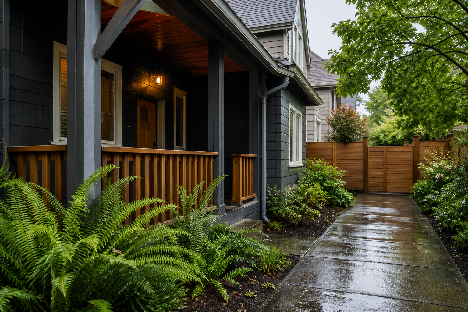 A rain-wet cedar porch and landscaped walkway in a Portland neighborhood